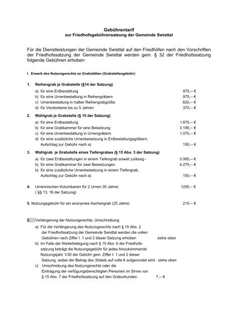 Gebührentarif zur Friedhofssatzung - Gemeinde Swisttal