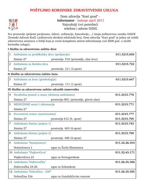 POŠTUJMO KORISNIKE ZDRAVSTVENIH ... - Dom zdravlja Stari Grad