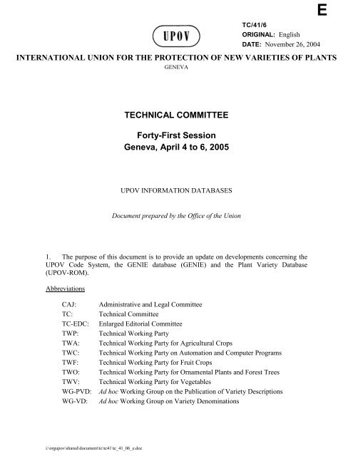 TECHNICAL COMMITTEE Forty-First Session Geneva, April 4 to 6 ...