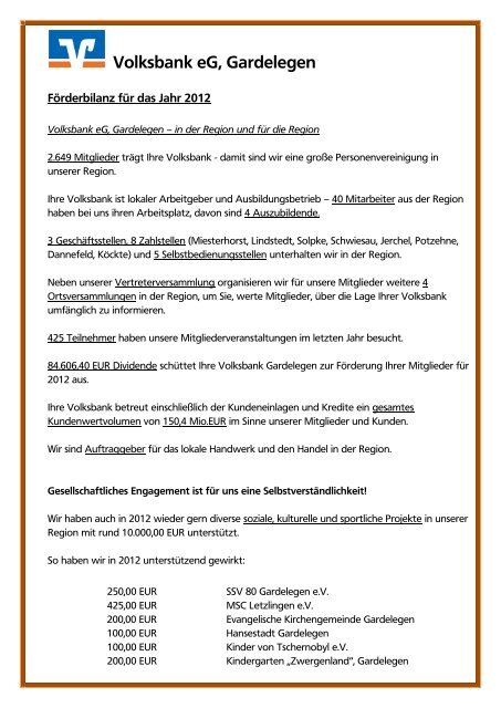 Unsere Förderbilanz 2012 - Volksbank eG, Gardelegen