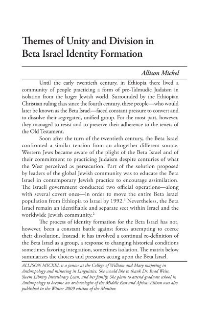 Themes of Unity and Division in Beta Israel Identity Formation