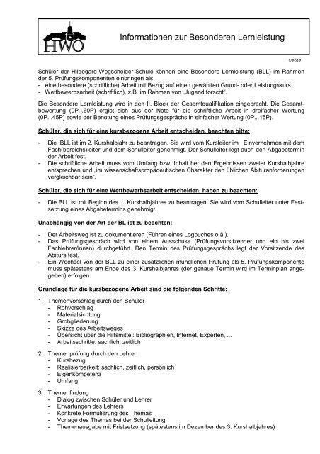 Informationen zur 5. Prüfungskomponente/Besondere Lernleistung