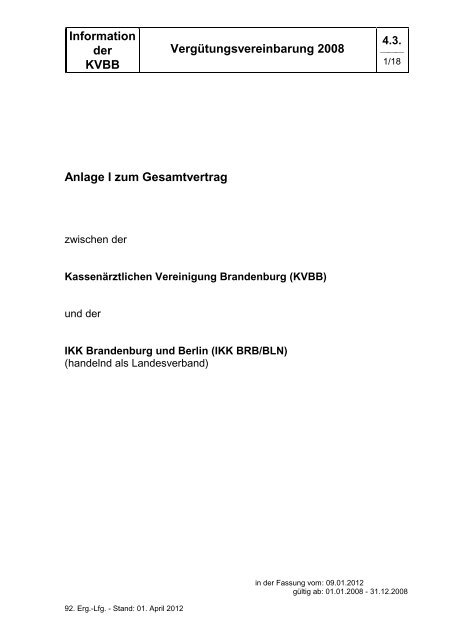 4.3. Vergütungsvereinbarung 2008 - Kassenärztliche Vereinigung ...