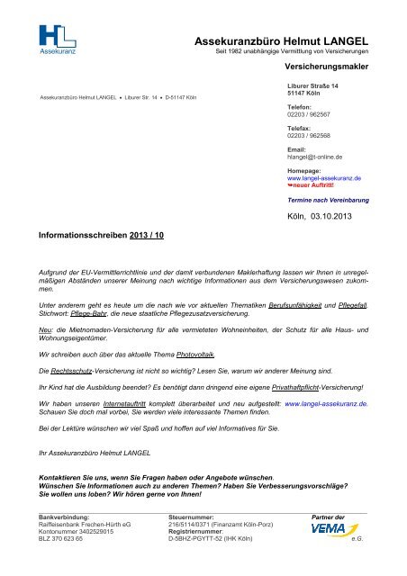 Informationsschreiben 2013/10 - Assekuranzbüro Helmut LANGEL ...