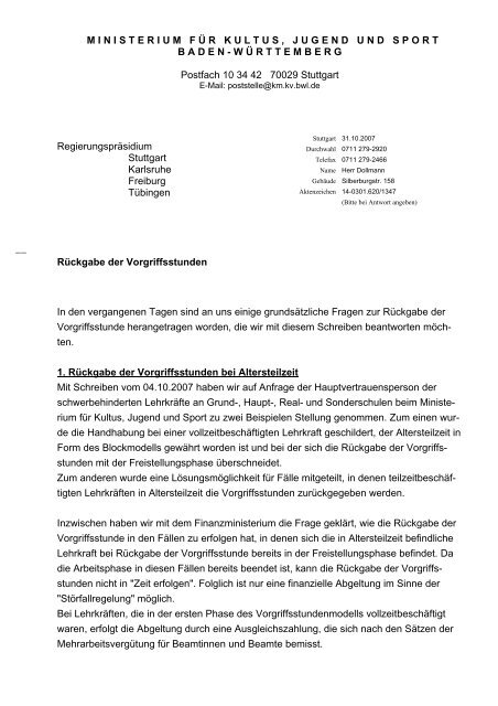 Rückgabe Vorgriffsstd. i.d. AT Beispiele - SCHULAMT-STUTTGART