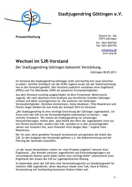 Wechsel im SJR-Vorstand Stadtjugendring Göttingen e.V.