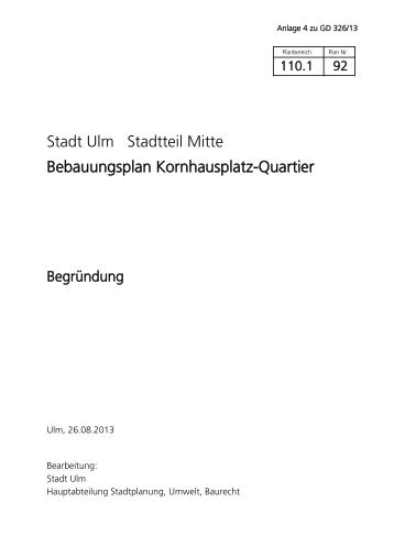 Stadt Ulm Stadtteil Mitte Bebauungsplan Kornhausplatz-Quartier