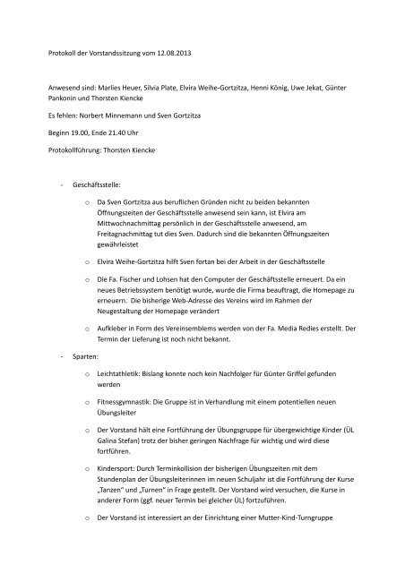 Protokoll der Vorstandssitzung vom 12.08.2013 ... - TSV Bederkesa