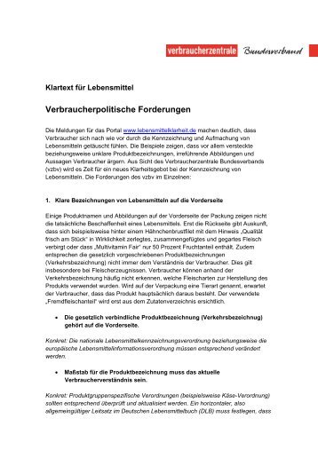 Klartext für Lebensmittel. Verbraucherpolitische Forderungen - vzbv