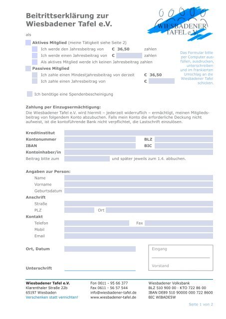 Wiesbadener Tafel Beitrittserklaerung Formular Wiesbadener Tafel Ev