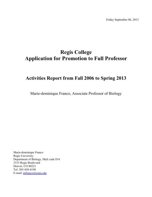 Regis College Application For Promotion To Full Professor Activities Regis College Application For Promotion To Full Professor Activities