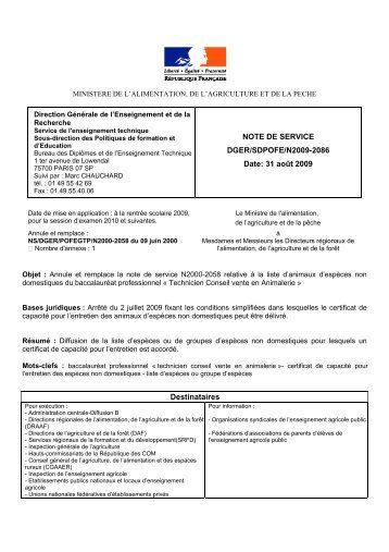 Note de service DGER/SDPOFE/N2009-2086 du 31/08/2009