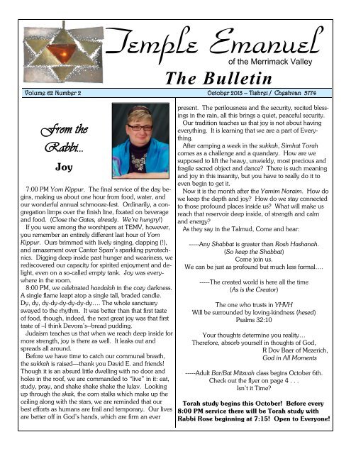 Temple Emanuel of the Merrimack Vally bulletin, October 2013