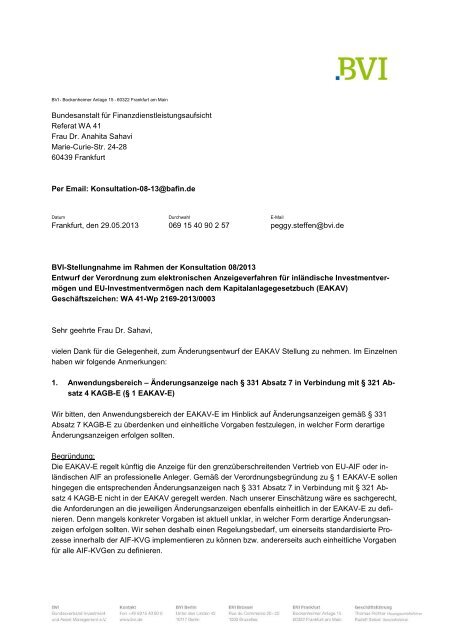 Bundesanstalt für Finanzdienstleistungsaufsicht Referat WA 41 ... - BVI