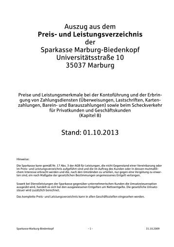 Preis- und Leistungsverzeichnis - Sparkasse Marburg-Biedenkopf