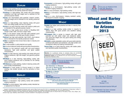 Wheat and Barley Varieties for Arizona 2013