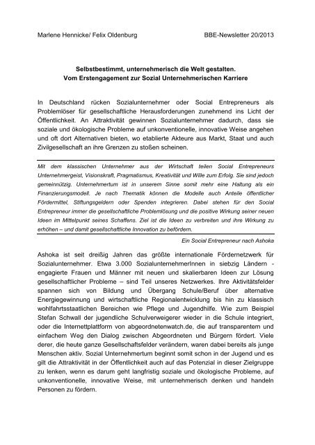 Selbstbestimmt, unternehmerisch die - BBE