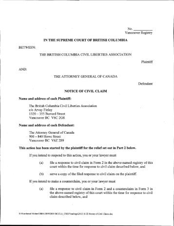 Read the Notice of Claim - BC Civil Liberties Association