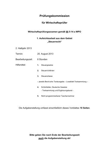 2013 - Steuerrecht - 2. Prüfungstermin - Klausur 1 (PDF 32KB)