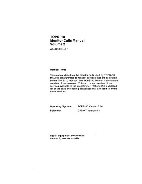 TOPS-10 Monitor Calls Manual Volume 2 AA-K039D ... - Trailing-Edge