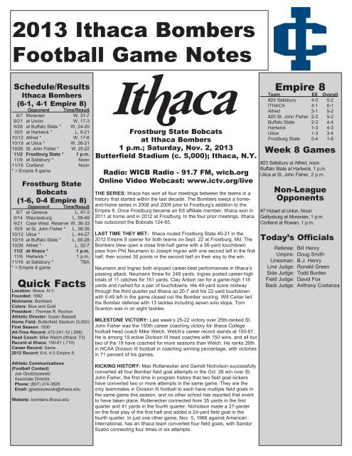 2013 Ithaca Bombers Football Game Notes - Ithaca College Athletics