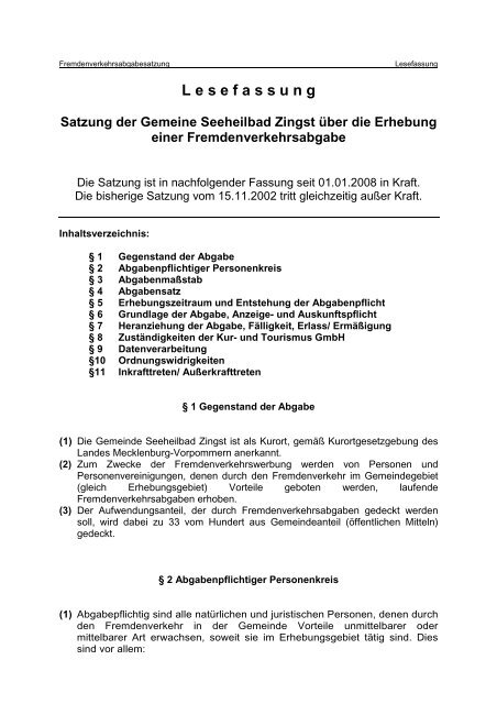 L Esefassung Satzung Der Gemeine Seeheilbad Gemeinde Zingst