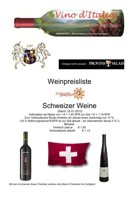 Preisliste · Endkunden · Wein/Schweiz - Vino d'Italia Weindepot