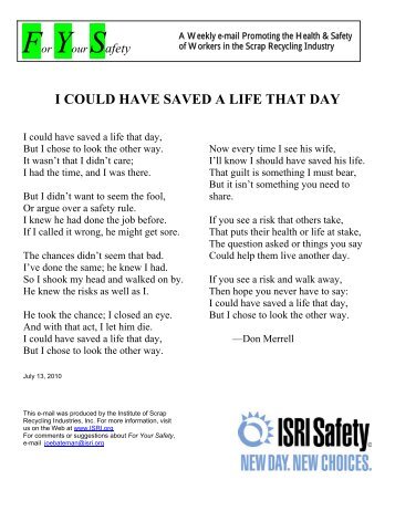 For Your Safety: I Could Have Saved A Life That Day - ISRI Safety