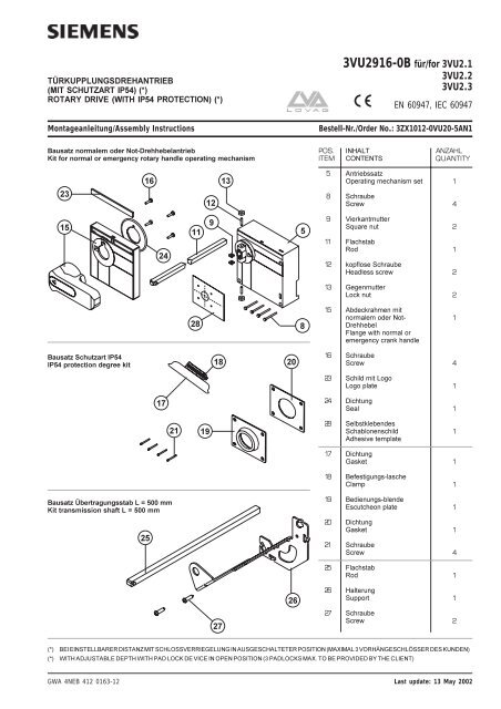 3VU2916-0B für/for 3VU2.1 3VU2.2 3VU2.3 - Siemens