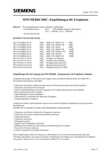 SINUMERIK 840C: Empfehlungen für Festplatten - Siemens