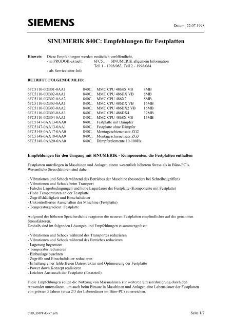 SINUMERIK 840C: Empfehlungen für Festplatten - Siemens