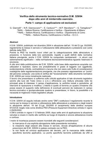 Verifica dello strumento tecnico-normativo D.M. 329/04 dopo ... - Ispesl