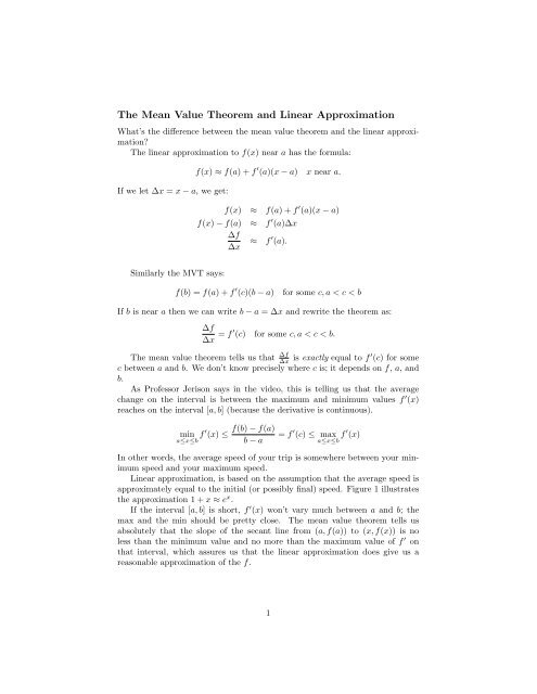 The Mean Value Theorem and Linear Approximation