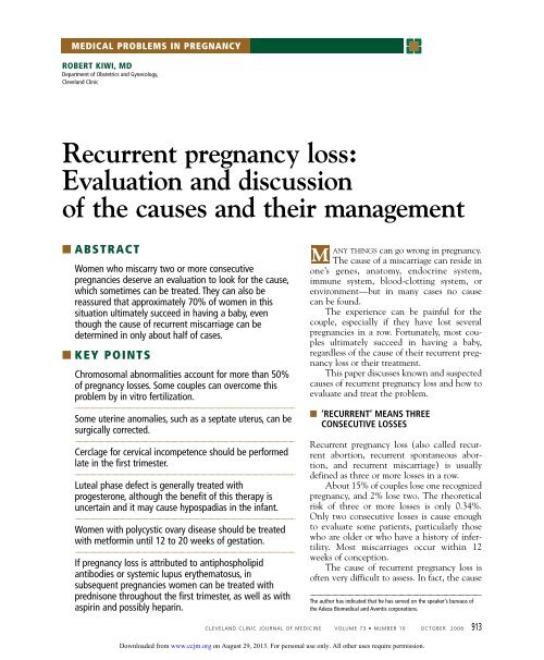 Recurrent pregnancy loss: Evaluation and discussion of the causes ...