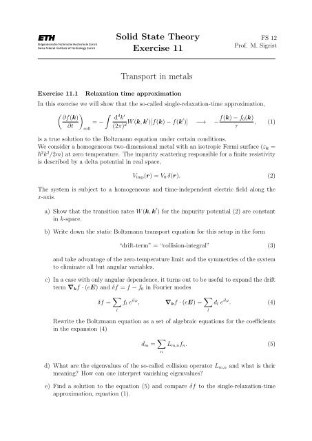 Solid State Theory Exercise 11 Transport in metals