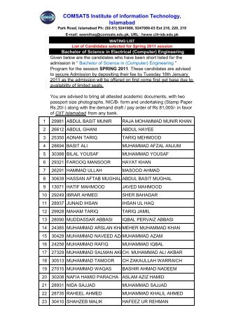 Waiting List of Computer Engineering Admissions Spring 2011