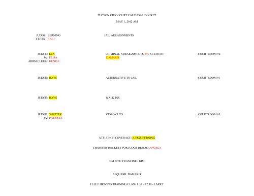 TUCSON CITY COURT CALENDAR DOCKET MAY City of Tucson