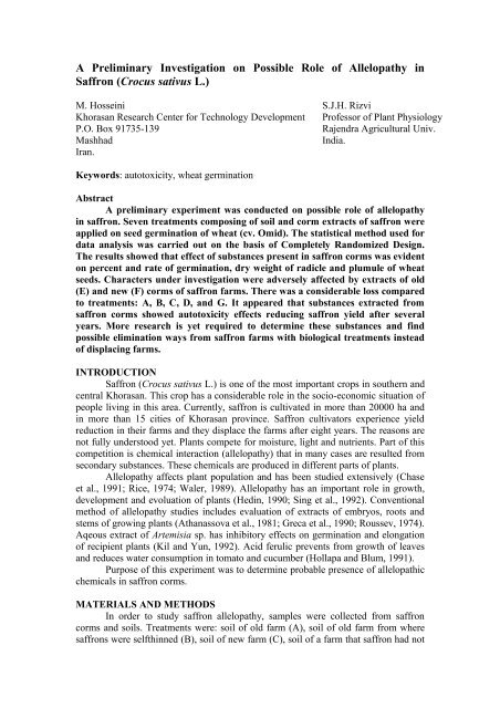 A Preliminary Investigation on Possible Role of Allelopathy in Saffron