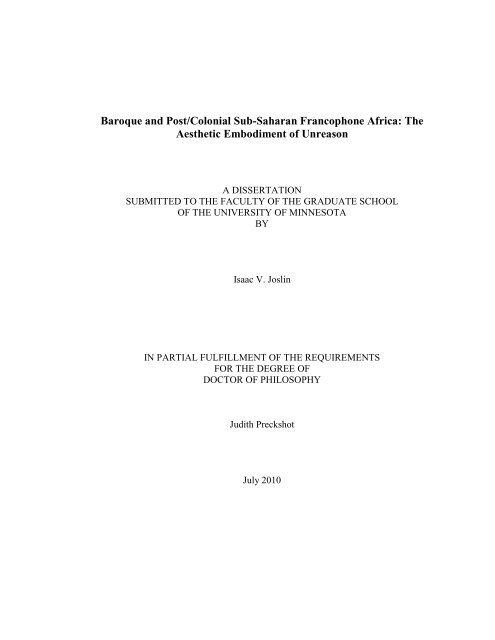 Baroque and Post/Colonial Sub-Saharan Francophone Africa: The ...