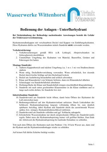 Bedienung der Anlagen - Unterflurhydrant - Wasserwerk Wittenhorst