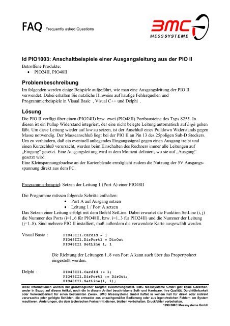 Id PIO1003: Anschaltbeispiele einer Ausgangsleitung aus der PIO II ...