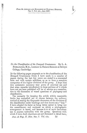 On the Classification of the Decapod Crustaceans. By L. A. ...