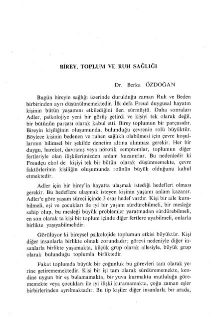 BİREY, TOPLUM vE RUH sAĞLıĞI Dr. Berka ÖZDOĞAN
