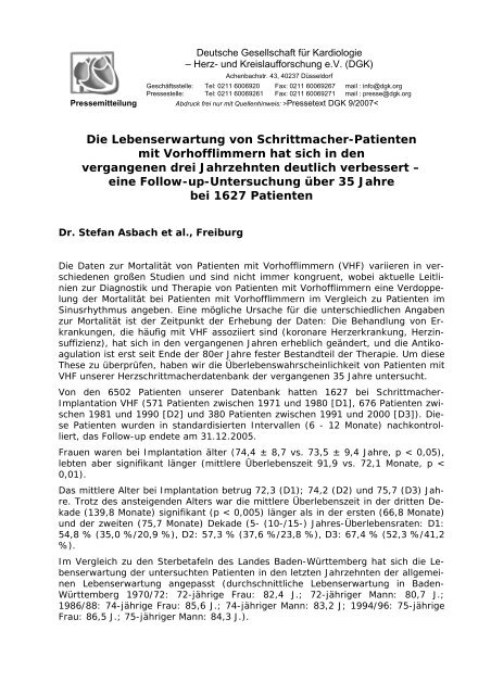 Die Lebenserwartung von Schrittmacher-Patienten mit ...