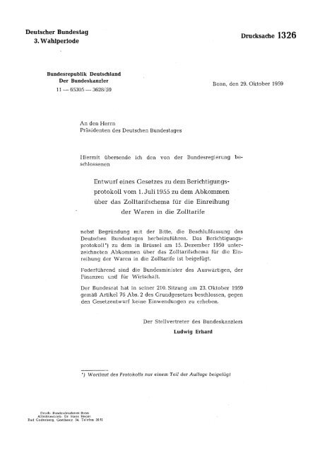 Deutscher Bundestag 3. Wahlperiode Drucksache 1326 Entwurf ...