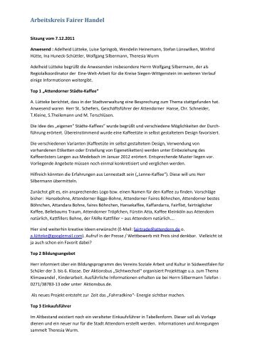 Protokoll Sitzung Ak fairer handel am 07.12.2011 - Attendorn