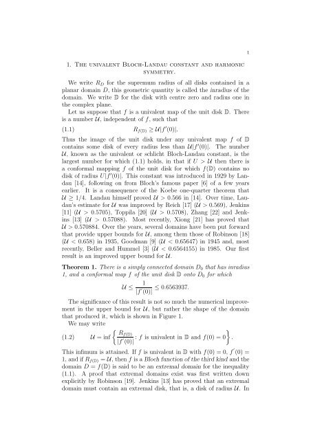The univalent Bloch-Landau constant, harmonic symmetry and ...