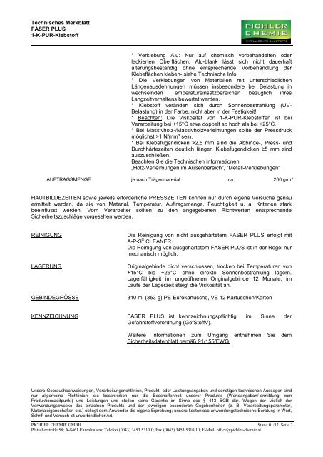 Technisches Merkblatt - PICHLER CHEMIE GMBH