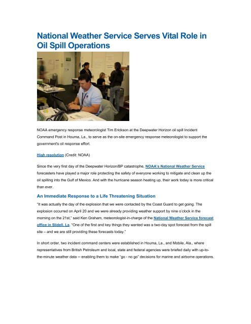 National Weather Service Serves Vital Role in Oil Spill  - NOAA