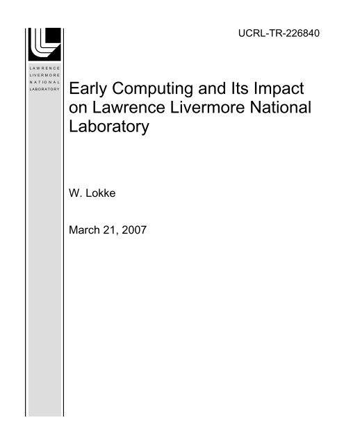 Early Computing and Its Impact on Lawrence Livermore National ...